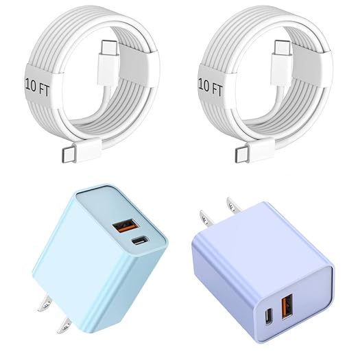 10FT iPhone 17/16e Fast Charger2Pack 20W Dual Port USB A+C QC Apple Adapter with 10 Foot USB C to C Fast Charging Cable Cord for iPhone 17Air/17Pro/17Pro Max/16/16Pro/15/15Pro/Pro Max/Plus(Blue/Pink)