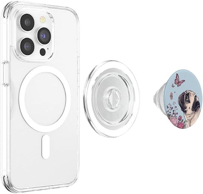 Pug Butterfly Cute Dog Flowers Cute Pug PopSockets Adhesive PopGrip