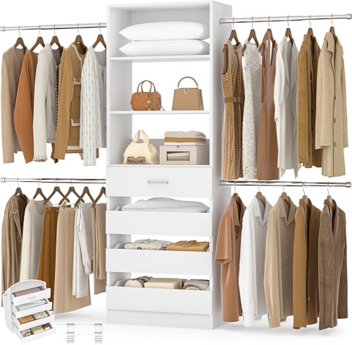Aheaplus Closet System, 4-9Ft Closet Organizer with 4 Wooden Drawers, Wood Closet Organizer System with Tower, Walk-in Closet Organizer Wardrobe Clothes Rack with 4 Hanging Rods, Garment Rack, White - color: White
