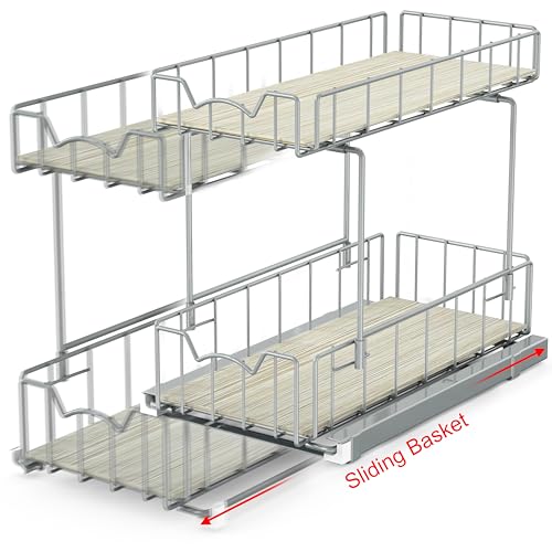 Simple Houseware 2-Tier Spice Rack Slide Out Wire Basket Drawer Organizer, Silver - color: Silver
