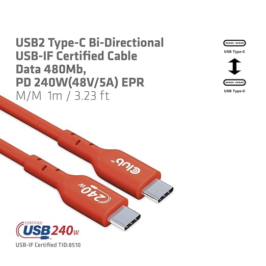 Club 3D CAC-1511 USB2 Type C to Type C Certified Bi-Directional Cable with 240W Charging 480Mb Data Transmission EPR 1m - 3.28ft