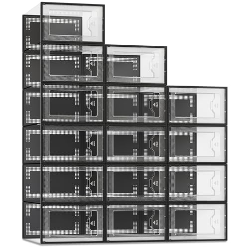 SEE SPRING X-Large Shoe Storage Box Fit Size 11, Clear Plastic Stackable Shoe Organizer for Closet, Space Saving Foldable Shoe Rack Sneaker Container Bin Holder, 15 Pack Black