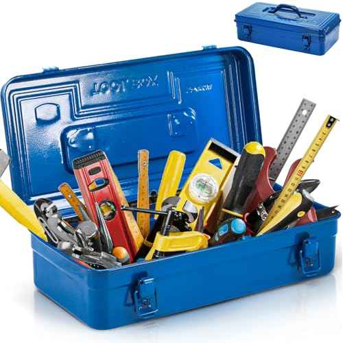 Portable Steel Tool Box, 16 Inch Metal Tool Organizer Box with Double Latch Closure and Handle, Heavy Duty Storage Toolbox Chest for Workshop, Garage, Warehouse, Household, Blue