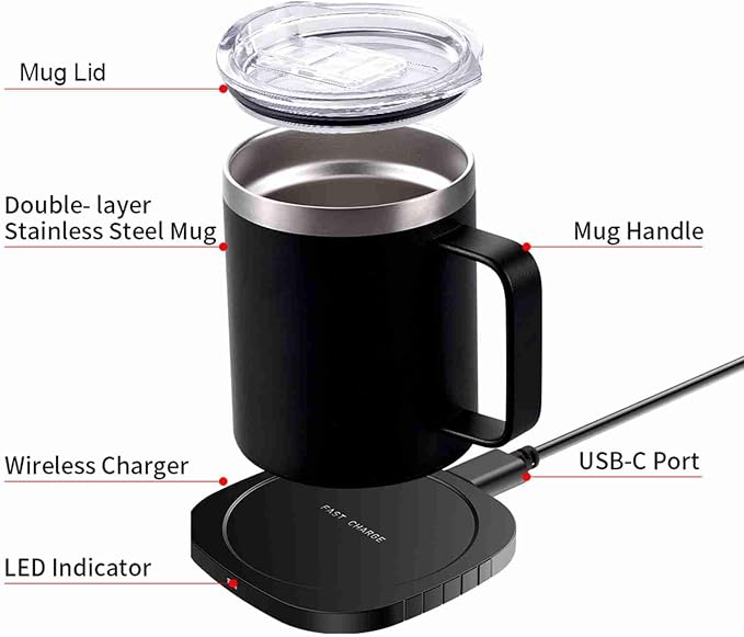 Fdit Wireless Charger 2 in 1 with 55C 131F Intelligent Constant Temperature 10.5oz Stainless Steel Cup and Lid for Desk Home Office (Black)