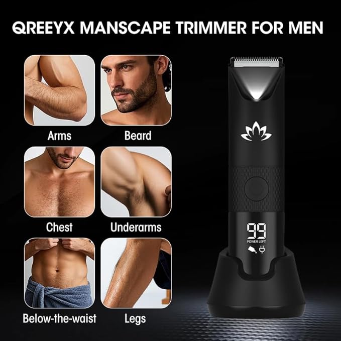 Qreeyx Manscape Trimmer for Men - Electric Body Hair Trimmer with Light, IPX7 Waterproof Electric Razor for Balls/Pubic/Groin/Legs/Chest Hair Removal, Lightweight with LED Display, Gifts for Him Dad