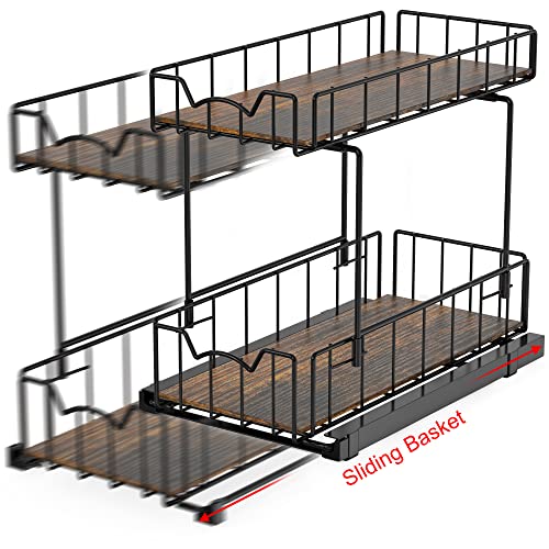 Simple Houseware 2-Tier Spice Rack Slide Out Wire Basket Drawer Organizer, Black - color: Black