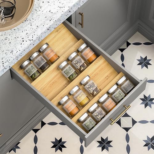 AMBIRD Bamboo Spice Drawer Organizer with Non-slip Mat, 4 Tier Jar Spice Rack Tray 13'',Seasoning Organizer for Kitchen,Cabinet,Drawers,Countertop - size: 4 Pcs x 13'' W, style: Natural