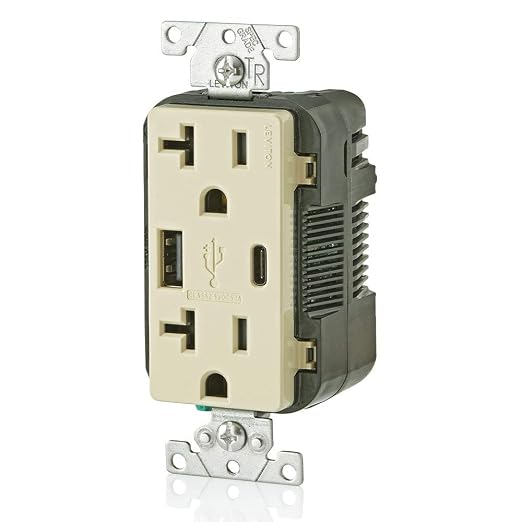 Leviton Type A &amp Type-C USB In-Wall Charger with 20A Tamper-Resistant Outlet USB Charger for Smartphones and Tablets. Not for Laptops T5833-E Black