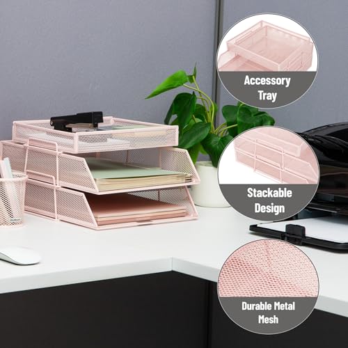 Mind Reader 2 Tier Paper Tray with Top Supply Compartment, Desktop File Organizer, Metal Mesh, Pink - color: Pink