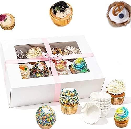 Rarapop 25 Pack Cupcake Boxes Hold 12 Standard Cupcakes, Food Grade Cupcake Holders Bakery Carrier Boxes with Windows and Inserts for Cupcakes, Muffins and Pastries