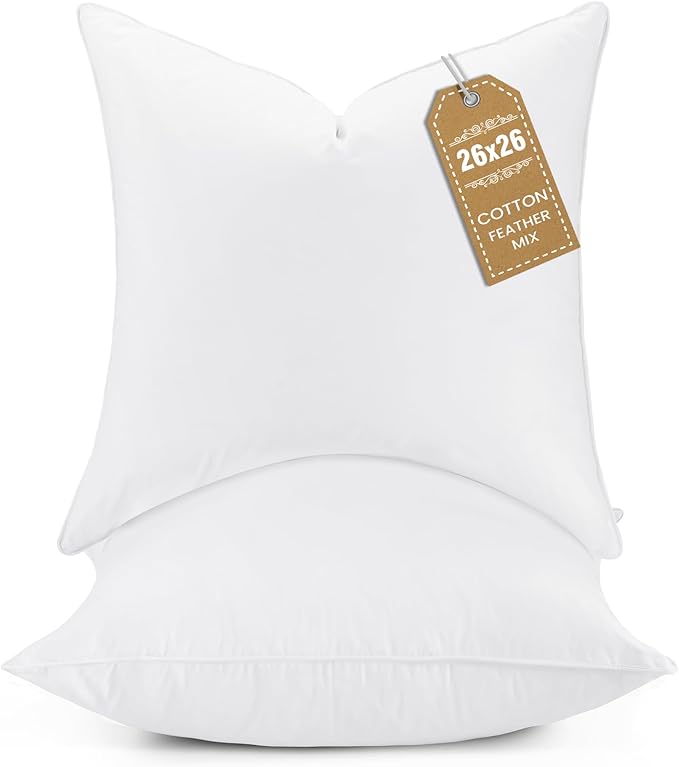 BHZ Euro Throw Pillow Inserts, 26x26 Down Feather Alternative Pillow Inserts Set of 2, Decorative Soft Large Square White Throw Pillows Insert for Couch Bed Dorm Sofa with Cotton Cover