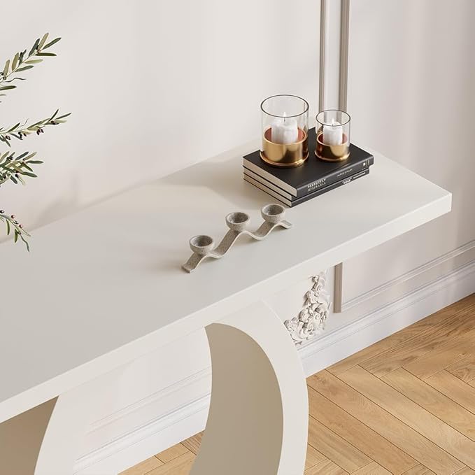LOVEDIMA 39.4" Modern Entryway Console Table - Slim White Wooden Design with Circle Base, Space-Saving for Hallway, Living Room & Small Spaces (Easy Assembly) (White)