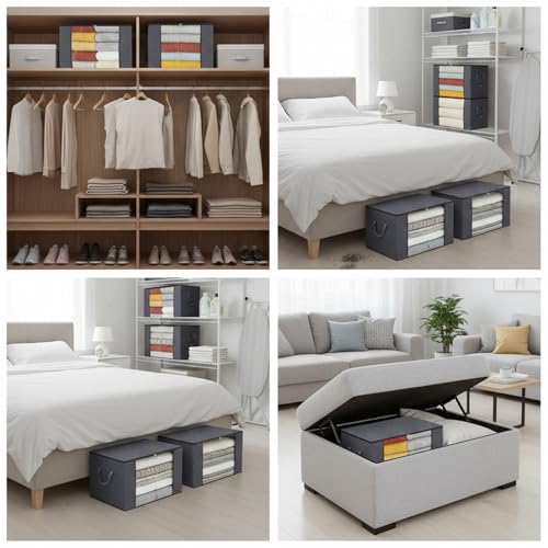 60L Grey Fabric Storage Bins with Lids & Clear Window, 3 Pack Collapsible Closet Organizers with Handles for Clothes, Blankets, Under Bed Storage - size: 3 x 60L