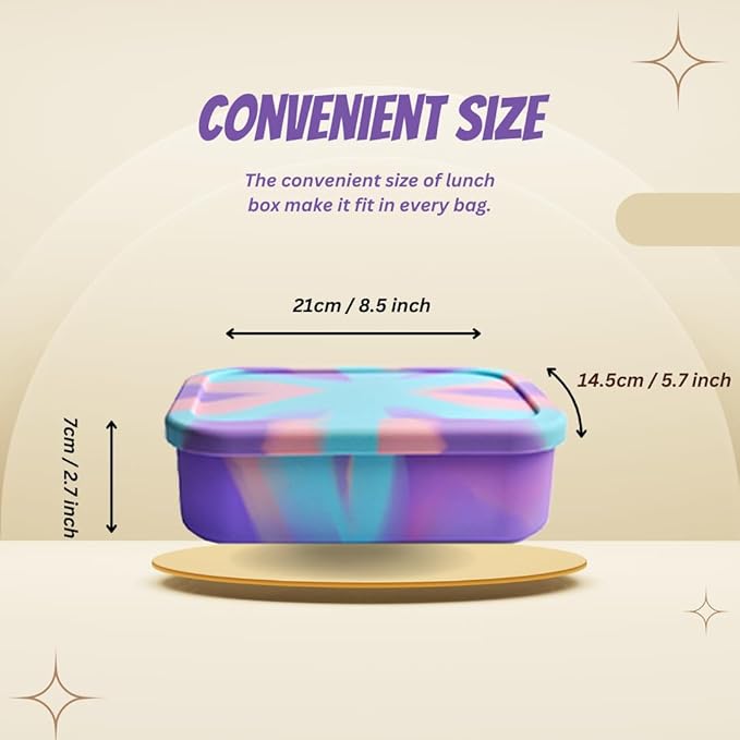 PACKED JOY Silicone Lunch Box for Adults & Kids, 40oz Bento Box | 3 Compartments, Leak-Proof Design, 100% Food-Grade Silicone | Microwavable & Portable For All Occasions (5.7x8.5in) (Purple)