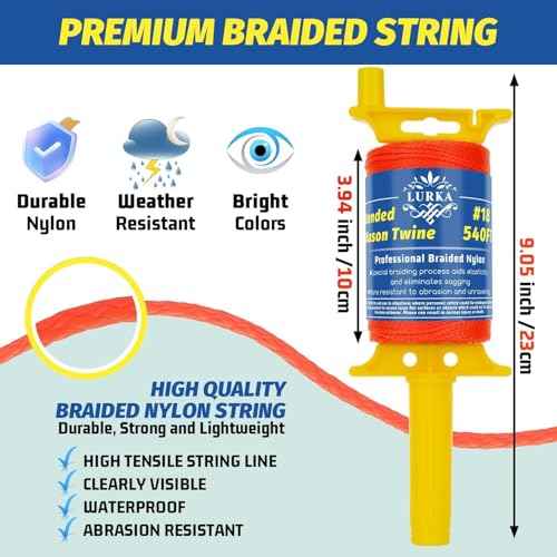 LURKA Mason Line String,#18 540 Feet 8 Braided Construction Nylon Line with Spool Fluorescent Orange String Line for Precision Work, DIY, and Gardening Projects (Fluorescent Orange)