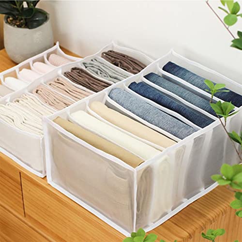 2Pcs 14 x 10 x 8in Wardrobe Clothes Organizer, 7 Compartment Clothes Drawer Organizer Dividers, Washable Closet Organizers for Thin , Trousers, T shirts, Skirts (White)