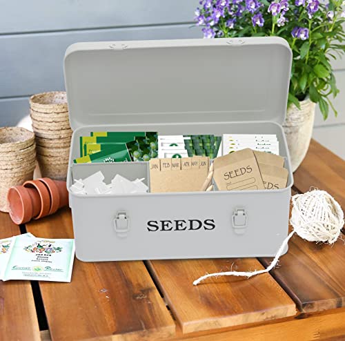 Seed Saving Box, Metal Seed Bin, Seed Storage Organizer, Seed Packet Container with Lid, Seed Envelope Storage Box, 4 Compartments Garden Seed Bin with Safety Locks-White - color: White