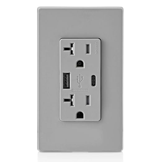 Leviton Type A &amp Type-C USB In-Wall Charger with 20A Tamper-Resistant Outlet USB Charger for Smartphones and Tablets. Not for Laptops T5833-E Black