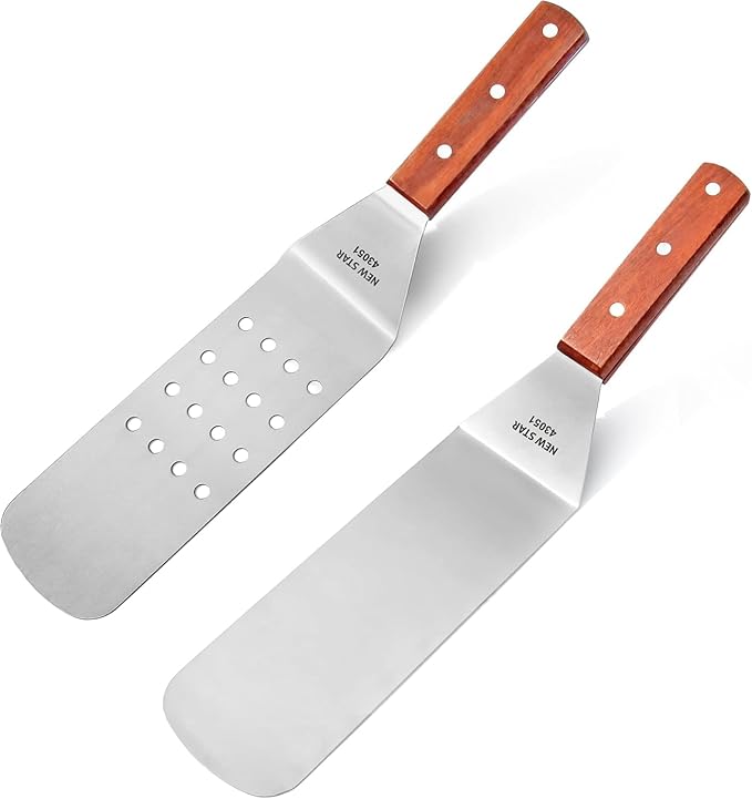 New Star Foodservice 14.5 Inch Flexible Grill Spatula Set, 2-Piece Stainless Steel Turners with Wood Handles for Griddle, Flat Top, Grill, and Restaurant Use