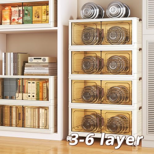 382QT Extra Large Lockable Stackable Storage Bins with Lids, 6-Tier Collapsible Plastic Storage Bins with Wheels, Foldable Closet Storage Bins for Bedroom Dorm Home Office Organization