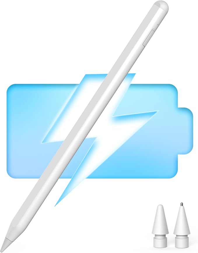 Stylus Pen for iPad 2018-2025 2X Fast Charge Pencil Pixel-Perfect Precision Palm Rejection Tilt Sensitivity Active Pen for iPad 6/7/8/9/10 Mini 5/6 Air 3/4/5/M4Pro 11''/12.9''/13''White