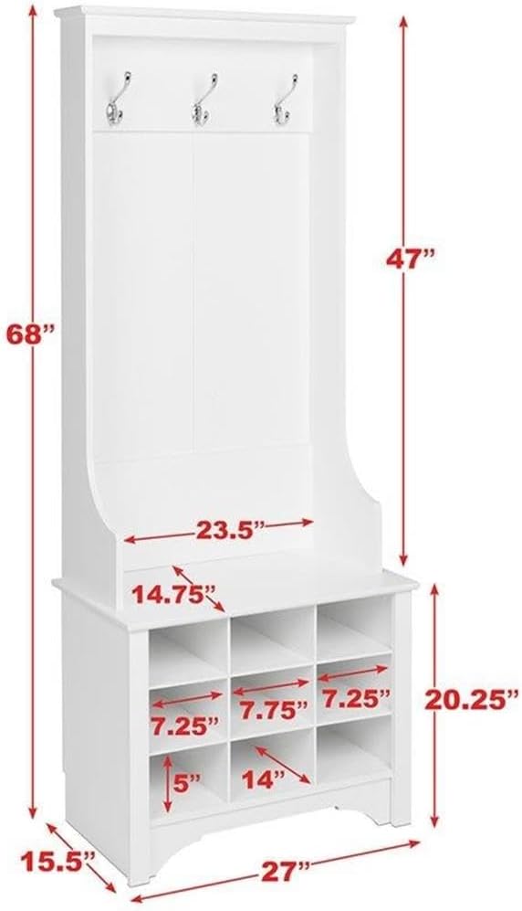 Prepac White Hall Tree, Shoe Cabinet, Storage Cabinet with 9 Shoe Cubbies and 3 Double Coat Hooks 15.5" D x 27" W x 68" H