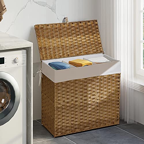Greenstell Laundry Hamper with Lid, 125L Large Clothes Hamper with 3 Section & 2 Section Removable Liner Bags & 5 Mesh Laundry Bags, Handwoven Synthetic Rattan Divided Laundry Basket, Natural - color: Natural