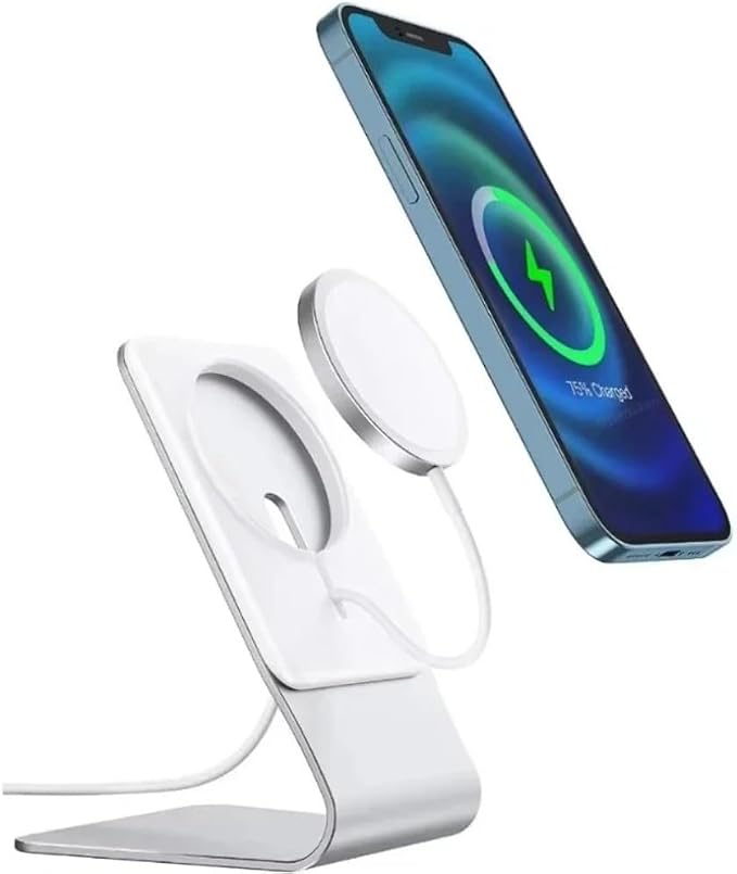 Desktop Mobile Phone Stand Aluminum Desk Holder Dock for Magsafe Charger for iPhone 17 16 15 14 13 12 Pro (Not Included Charger) (White)