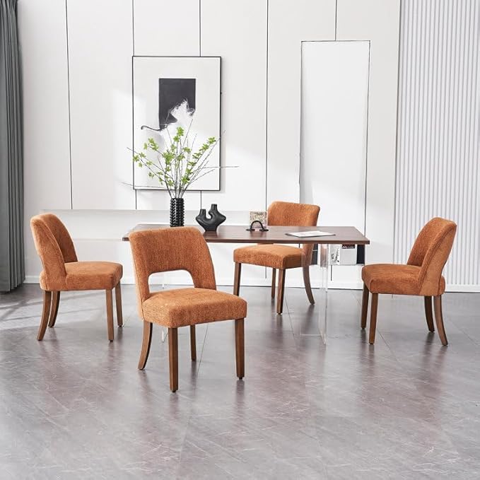 VKNOW Wooden Dining Chairs Set of 4, Modern Fabric Upholstered Dining Room Chair Kitchen Chairs, Farmhouse Dinner Chair for Kitchen Dining Room, Orange