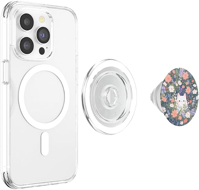 Cute White Cat Hiding in Spring Flowers Botanical Floral PopSockets Adhesive PopGrip