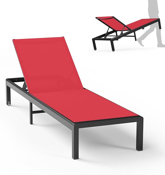 Aluminum Lounge Chairs Outdoor Chaise Furniture,2 Sets Patio Metal Deck Lounger Adjustable 5-Position Poolside Chase Recliner with Wheels for Beach,Coffee Table, (Red, 1 Chair)