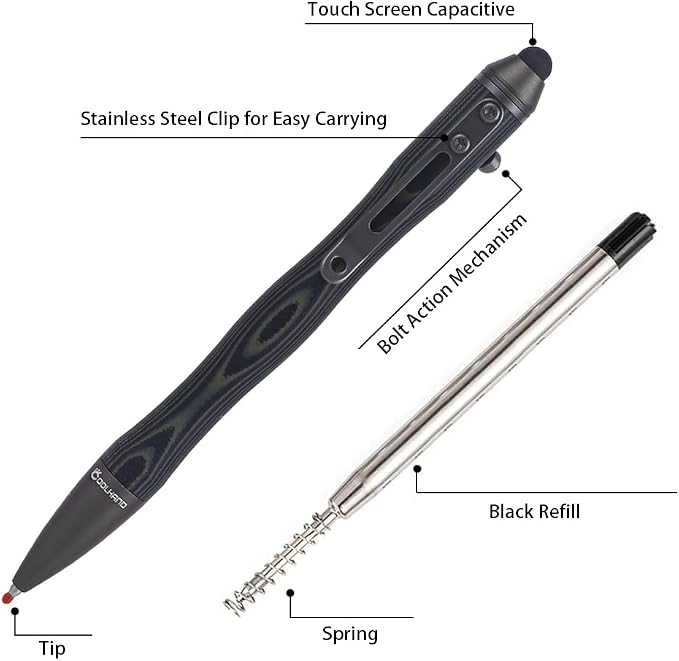 5.7'' G10 EDC Bolt Action Pen Touch Screen Stylus Model 5375-N | Refillable ballpoint ink G10 body with pocket clip ergonomic grip comes with a free refill