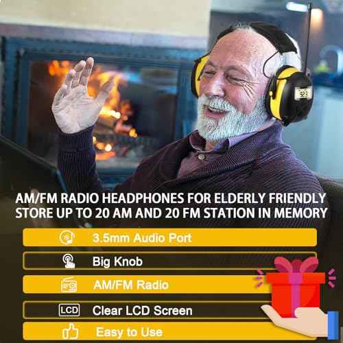 BJKing AM/FM Radio Headphones with Digital Display, 30dB AM FM Hearing Protection Safety Ear Muff, Ear Protection Headphone for Mowing, Landscaping, Shooting and Construction Black-Yellow