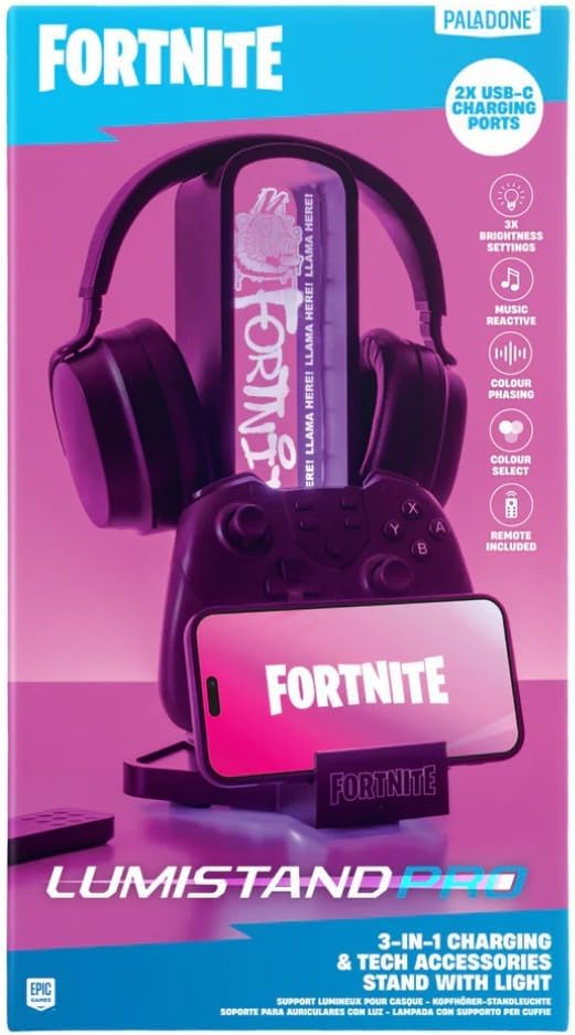 Paladone Fortnite 3-in-1 Headphone Stand and Tech Charging Station with Console Controller Cradle and 2 USB-C Ports RGB Colour Changing Light Panel Officially Licensed Gift for Gamers