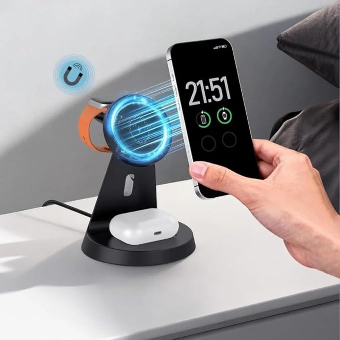Wireless Charger 3 in 1 for Magsafe iPhone 17 16 15 14 13 12 Apple Watch 11 10 9 8 7 AirPods 4/3 Pro2/1 Fast Charging Station (Black)