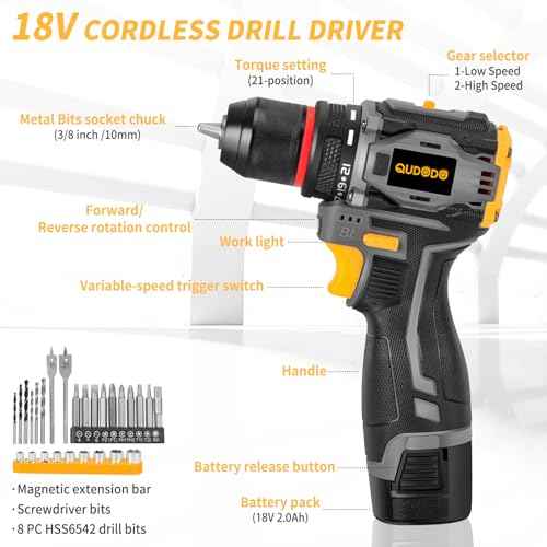 QUDODO Brushless Compact Drill Tool Set, 120PCS 45N. m 18V Cordless Drill Kit with 2 Battery, Woman Household Tool Kit with Electric Driver, Taladro Set with Inal?mbrico for Daily Home Basic Repair