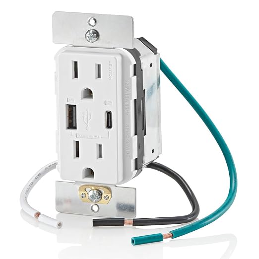 Leviton 30W (6A) USB Dual Type-C/C Power Delivery In-Wall Charger with 15A Tamper-Resistant Outlet USB Charger for Smartphones Tablets Laptops T5635-E Black