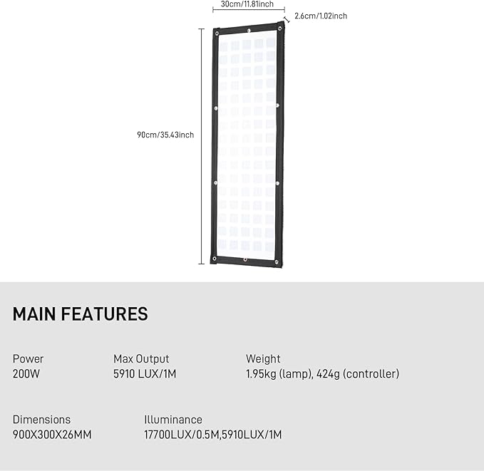 GVM Z200B Flexible LED Light Panel with Bluetooth Control, 200W Photography Light with Zipper Splicable, 2700K-6800K, Ultra-Thin 12"x36" Video Light with Softbox for Studio, Film, Vlog, Photography