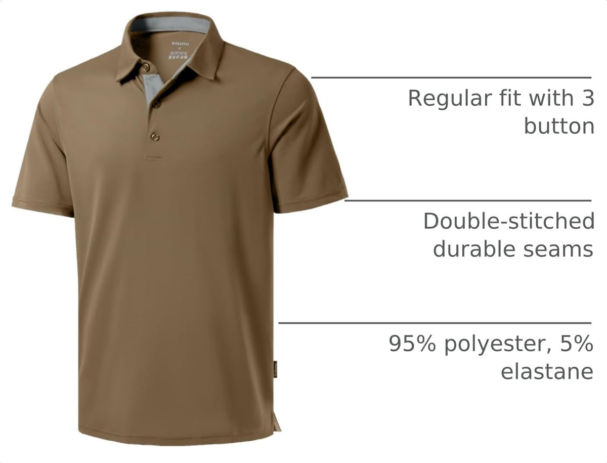 Men's Golf Shirts Dry Fit Moisture Wicking Performance Short Sleeve Collared Polo Shirts for Casual Athletic Business (Khaki, XL)