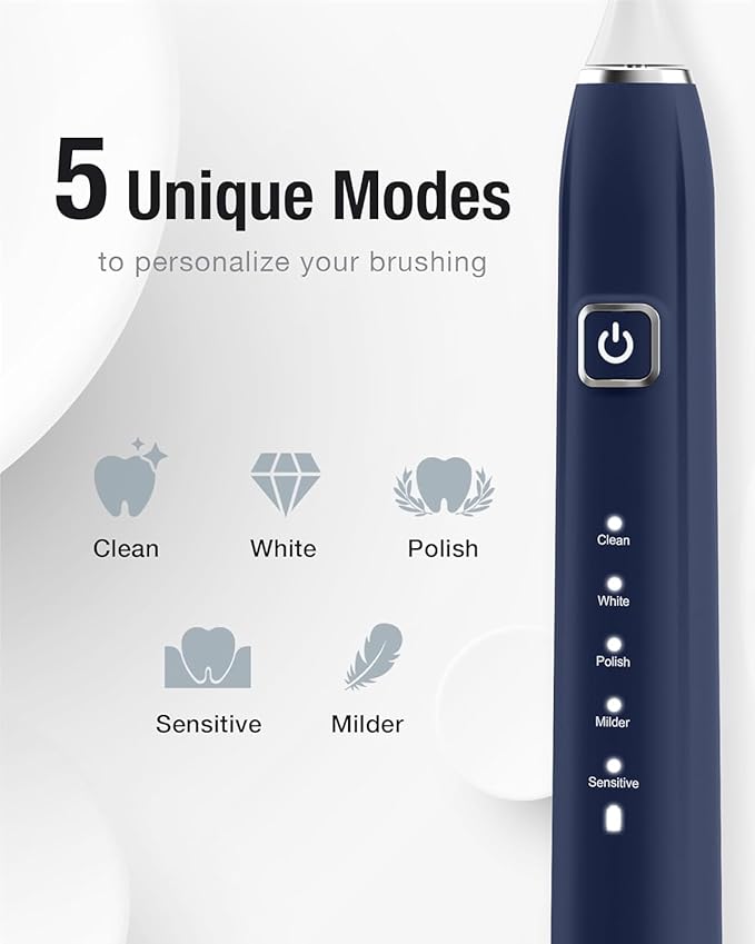 7AM2M Ultrasonic Electric Toothbrush with 6 Brush Heads for Adults&Kids, One Charge for 120 Days, USB-C Charge, 5 Modes, 40000VPM Powered Toothbrush, 2 Minutes Built in Smart Timer (Navy Blue)