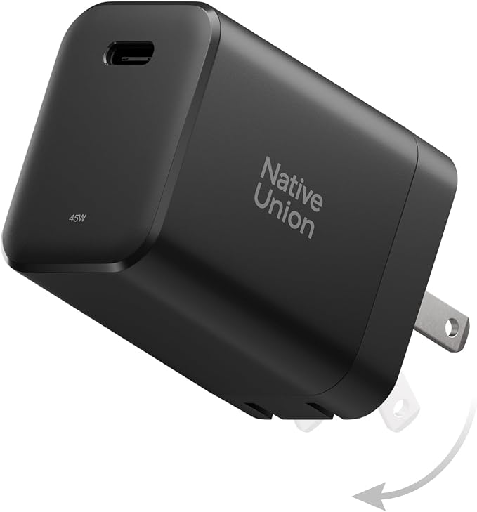 Native Union Fast GaN Charger PD 45W – Ultra-Compact Power Delivery Enabled USB-C – Made of Recycled Materials – for MacBook Air iPads iPhones Pixel Galaxy &amp Other USB-C Devices (Black)
