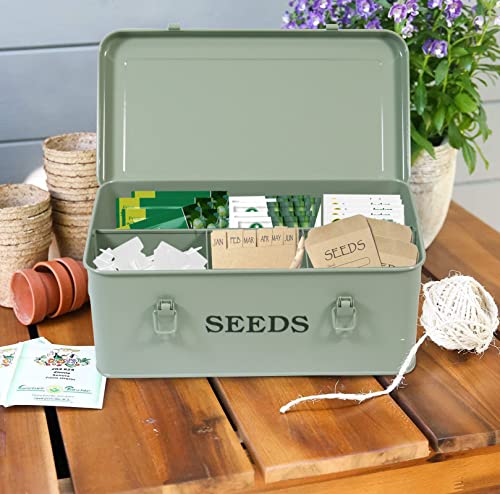 Seed Saving Box, Metal Seed Bin, Seed Storage Organizer Box, Seed Packet Container with Lid, Seed Envelope Storage Box, 4 Compartments Garden Seed Bin with Safety Locks-Green - color: Green