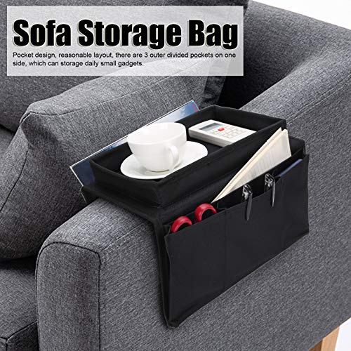 Sofa Armrest Organizer with Cup Holder Tray,4 Pockets Armchair Caddy Bedside Storage Pockets Bag 11.8x7.1x7.1inch TV Remote Control Organizer Armchair Couch Bag (Black) - color: Black