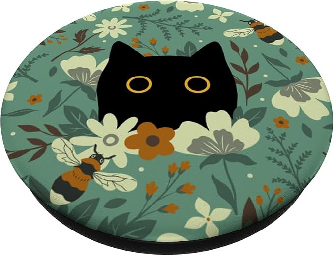 Black Cat Hiding in Garden Flowers with Bees Cute Floral PopSockets PopWallet for MagSafe