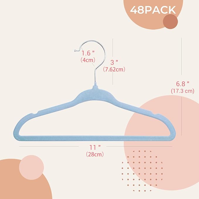 ManGotree 11" Baby Velvet Hangers, Non-Slip Infant Coat Hangers, Ultra-Thin Toddler Felt Hanger with 360° Swivel Hook, Space Saving Children's Hanger for Kids Clothes, 48 Pack (Blue)