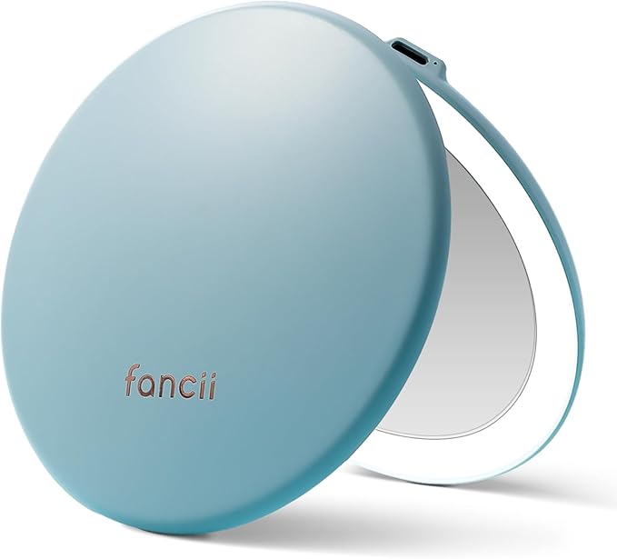 Fancii Taylor Rechargeable Compact Makeup Mirror with LED Lights, 10x /1x Magnifying, 3 Light Settings, Large 5” Wide | Travel Mirror for Purses (Soft Sky)