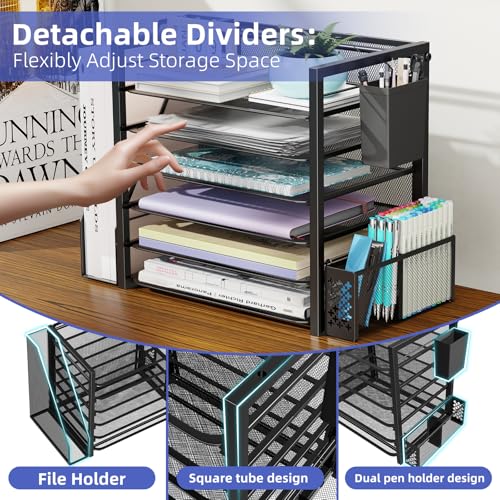 Simple Trending 6 Tier Desk File Organizer, Paper Letter Tray Organizer with File Holder and Pen Container, Black - style: 6 Tier Black-Pen Container
