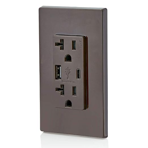 Leviton Type A &amp Type-C USB In-Wall Charger with 20A Tamper-Resistant Outlet USB Charger for Smartphones and Tablets. Not for Laptops T5833-E Black