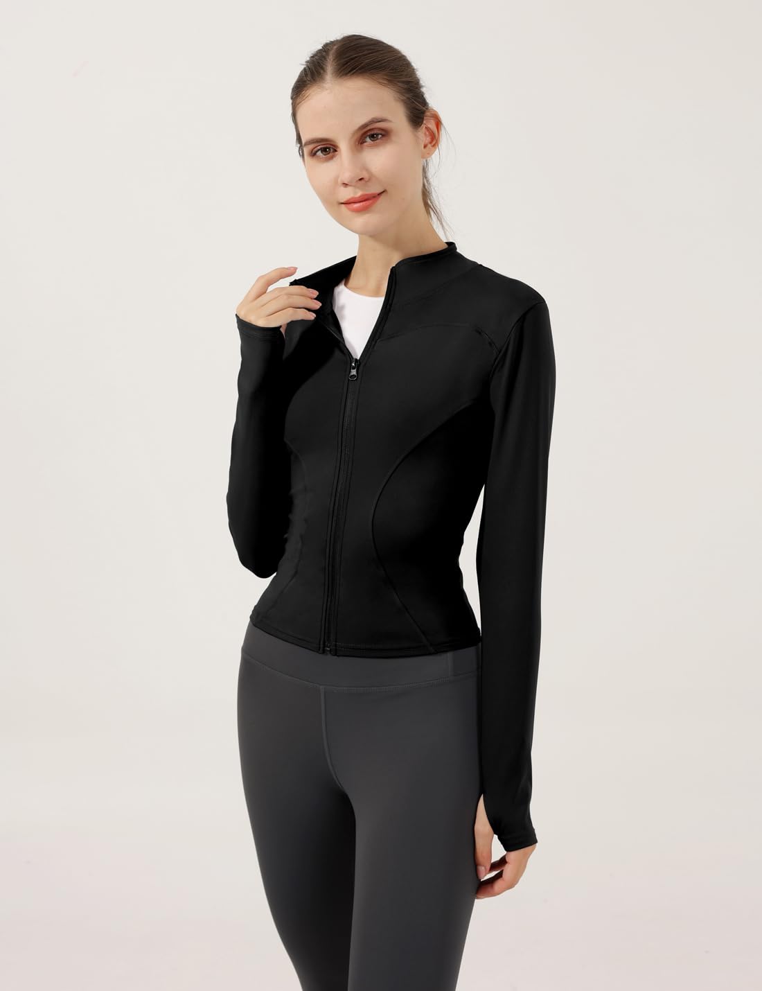 Locachy Women's Lightweight Stretchy Workout Full Zip Running Track Jacket with Thumb Holes Black S