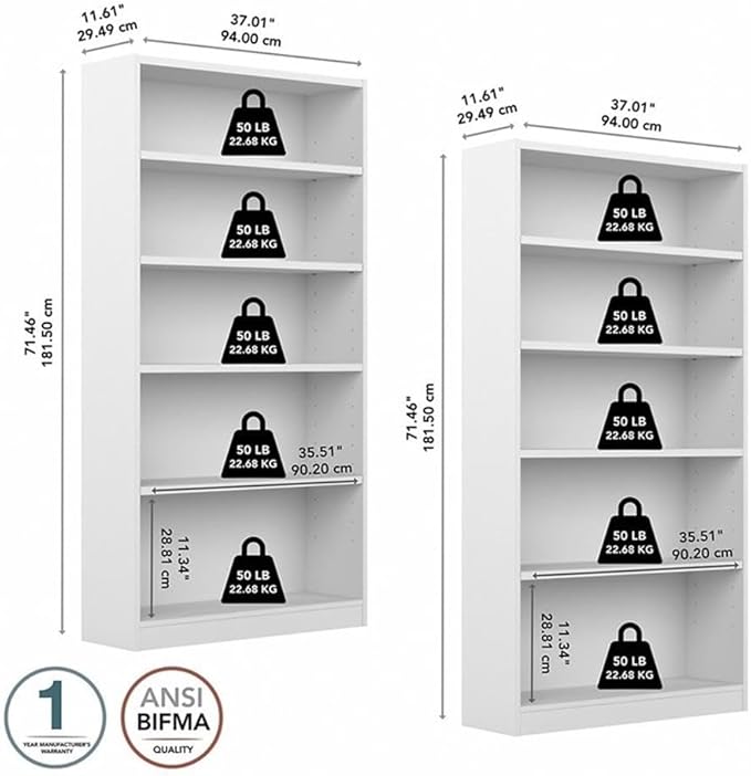 Pemberly Row Universal 5 Shelf Bookcase in Pure White (Set of 2)